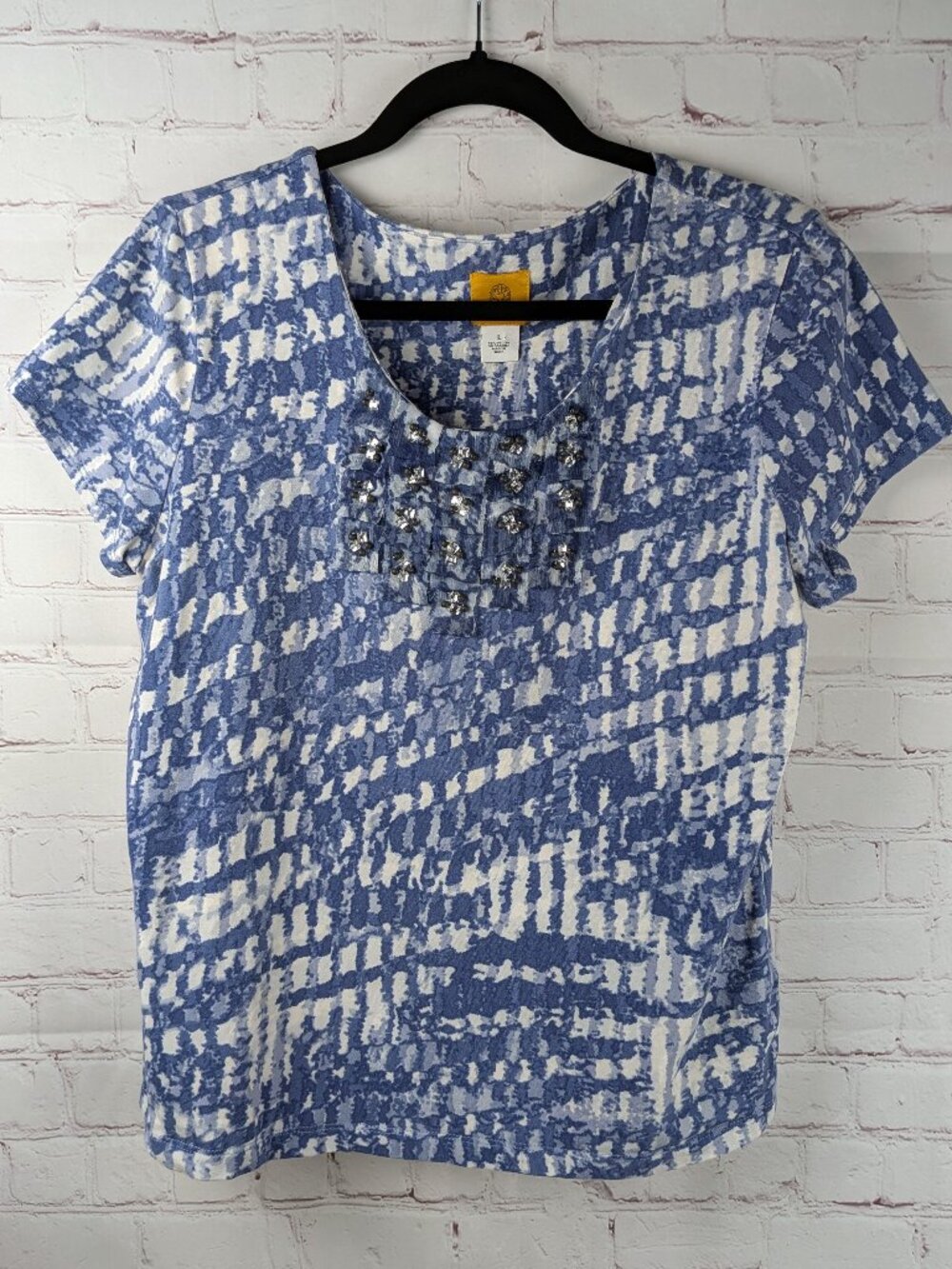 Ruby Rd. Blue/White Beaded Rhinestone Top L